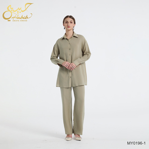 2 Piece Muslim Women Plant-<strong>based</strong> Fabric Tunis Set Lapel Lyocell Shirt &amp; Wide-Leg Pants Casual Modest Islamic <strong>Outfit</strong> - Product Image 1