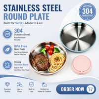 Assiette ronde en acier inoxydable 304 pour enfants, base à forte aspiration, silicone de qualité alimentaire sans BPA, antidérapante, facile à nettoyer