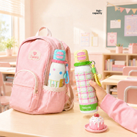Botol Termos Stainless Steel Bentuk Peluru Kartun Lucu 550ml, Botol Air Vakum Terisolasi dengan Sedotan Lipat dan Tali Gantungan untuk Anak-Anak