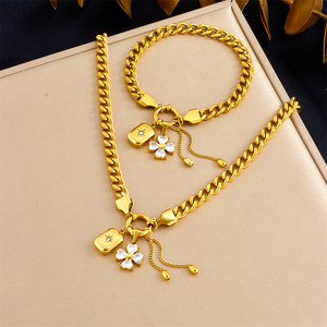 Fashion Jewelry <b>Set</b> Stainless Steel Chain Necklace <b>Bracelet</b> Flower Rhinestone Pendant Party Wear Two Piece <b>Set</b> - Product Image 1