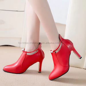 Vente en gros d'usine, escarpins rouges en PU à talons hauts, sangle en strass, chaussures de soirée pour femmes - Product Image 5