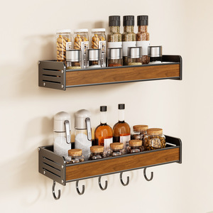 Wall-mounted Walnut Wood Spice Rack With Hooks Multi-functional Seasoning Storage Shelf - Product Image 1