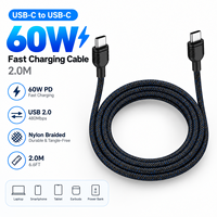 Câble de charge rapide USB-C vers USB-C 2M 60W 3A en nylon tressé, câble de chargeur Type C pour smartphone, tablette, batterie externe