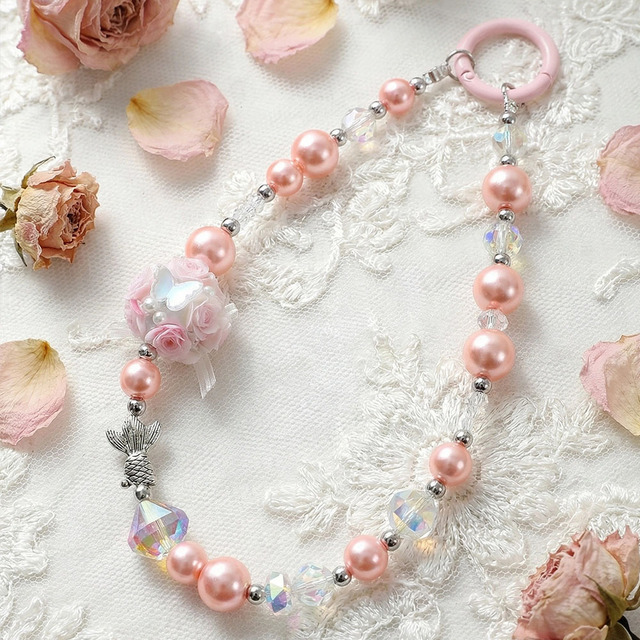 Pink Pearl & Crystal Beaded Phone Chain with 3D Flower & Fish Charm, Anti-Lost Wrist Strap for Women