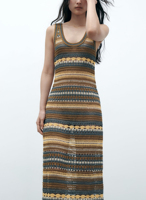 LeBo Robe d'été en maille crochet à bretelles larges et encolure ronde mi-longue évidée pour femmes personnalisées