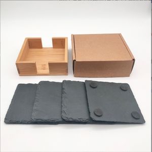 4pcs Classic Eco-Friendly Round Black Slate Stone Coasters Handmade Natural Edge for Kitchen <b>Bar</b> Home Use - Product Image 1