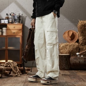 <span class=keywords><strong>Pantalon</strong></span> décontracté pour homme printemps-automne, tendance américaine, coupe droite, style rétro, joker, jambe large, cordon de serrage, plissé, 100% coton, léger - Product Image 2