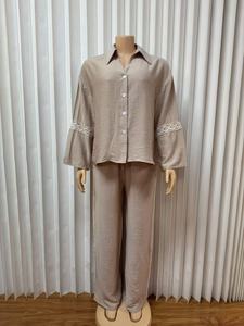 Dames Loungewear Set met Kantversiering, Knoopsluiting, Bell Sleeve Top + Wijde Broek, Casual Huispak, 2-delig, Sehe Fashion - Product Image 2