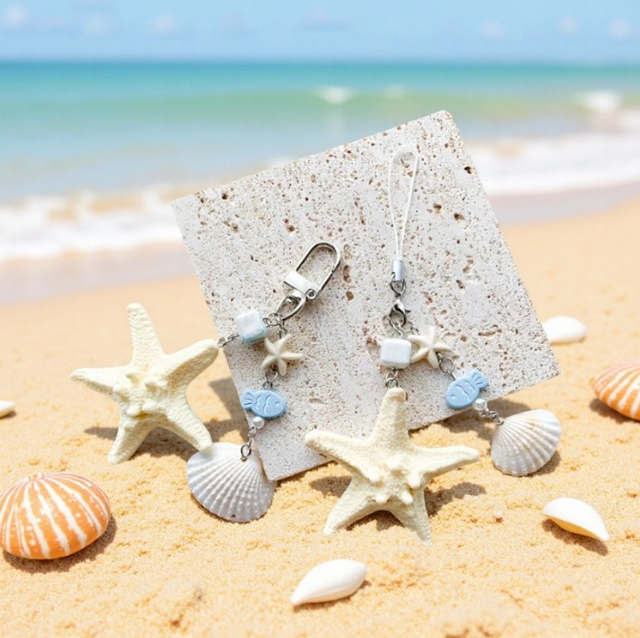 Ocean Beach Starfish Seashell Keychain Cute Summer Coastal Bag Charm Aesthetic Sea Shell Phone Lanyard for Handbags Backpacks
