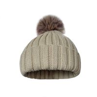 Bonnet en tricot à pompon pour femme, bonnet en acrylique épais et chaud à revers doublé polaire, couleur unie, mode automne-hiver
