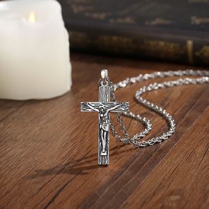 Collar con Colgante <span class=keywords><strong>de</strong></span> Cruz Crucifijo <span class=keywords><strong>de</strong></span> Cobre Plateado Estilo Vintage, Joyería Religiosa Devocional para Hombre, Venta al Por Mayor - Product Image 5