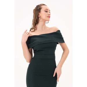 Robe midi élégante vert émeraude pour femme DANS, motif uni, coupe confortable, pour les fêtes et le quotidien, tailles 38-42 - Product Image 4