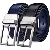 Sabuk Kulit Pria 3.2CM Biru dan Hitam, Sabuk Kulit Asli Bolak-Balik untuk Pria dengan Gesper Putar