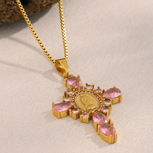 Collier pendentif tendance en acier inoxydable plaqué or 18 carats avec breloque Vierge <span class=keywords><strong>Marie</strong></span> et zircon <span class=keywords><strong>rose</strong></span>, bijou religieux chrétien - Product Image 2
