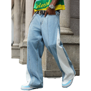 Custom Wholesale ODM Men's Sky Blue Denim Jeans Contrast White Panel Eco-Friendly Washable Mid Rise Wide Leg for Trendy - Product Image 1