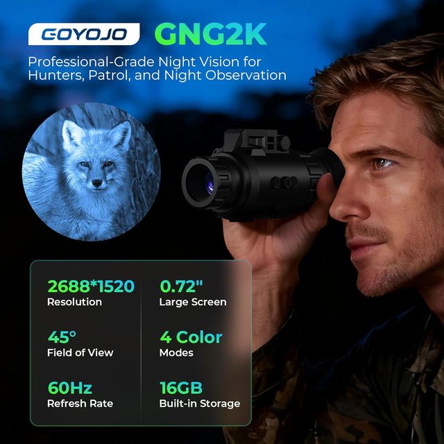 GOYOJO GNG2K Night Vision Monocular 2K/60Hz Digital Night Vision Goggles Helmet Mountable 940nm NVG for Tactical/Hunting/Camping