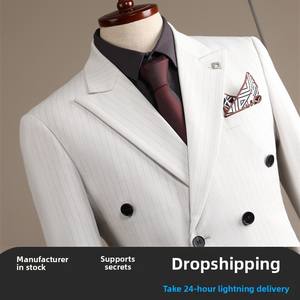 Costume Homme Classique Rayé Laine/Soie Abricot Blanc Col en <span class=keywords><strong>V</strong></span> Anti-rétrécissement Double Boutonnage Décontracté Mariage Affaires Slim Fit Bouton - Product Image 2