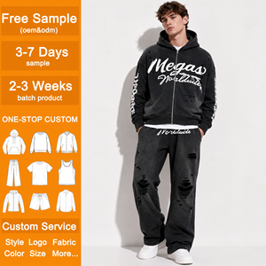 Custom Wash Printed Rhinestone Y2k <b>Hoodie</b> Set Streetwear Heavyweight French Terry Embroidered Zip-Up 2 1 Tracksuit Sweatpants - Product Image 1
