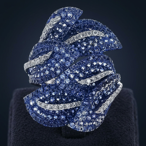 Anillo de Cóctel de Lujo para Mujer con Zafiro en Pavé, Oro Sólido de 18K, Diseño Geométrico, Acento de Diamante de Corte Brillante Redondo - Product Image 3