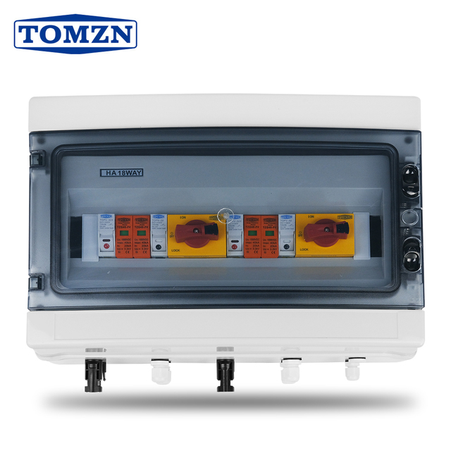 TOMZN Solar Photovoltaic PV Combiner Box With Lightning Protection 2 Input 2 Out DC 1000V Fuse MCB SPD Waterproof Box IP65 18way