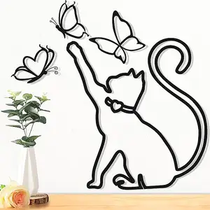 حيوانات لطيفة ديكور جداري معدني لعبة القط المعدني مع خط فراشة سلك ديكور جداري لغرفة المعيشة ديكور جداري للمنزل