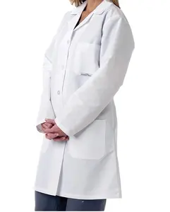 Pakaian Kerja Dokter Putih Wanita, Mantel Lab 100% Katun Lengan Panjang Seragam Perawat Medis