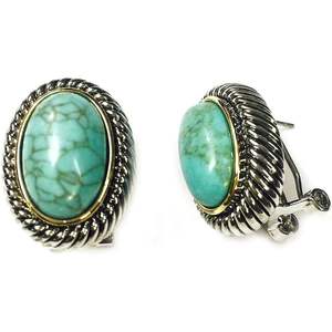 Boucles d'oreilles françaises à clip ovales en turquoise bicolore plaquées rhodium, forme géométrique avec bordure en corde et dos percé - Product Image 1
