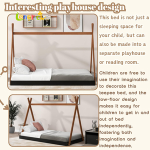 Cadre de lit en bois Montessori Style Twin Size Noir Marron Pas de boîte à ressort nécessaire pour les enfants garçons filles adolescents pour le salon - Product Image 6