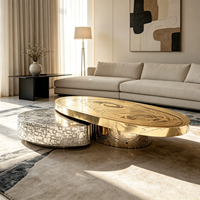 Table Basse Moderne de Luxe en Acier Inoxydable Gravé, Ensemble de Tables d'Appoint Ovales Dorées et Argentées, Table Centrale de Designer Artistique