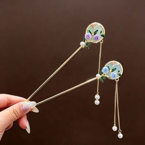 Épingle à cheveux en forme d'éventail de style chinois pour femmes, avec perles, pompons et fleurs, pour Qipao et Hanfu - Product Image 2