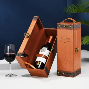 Groothandel Pu Lederen Enkele Fles Wijn Gift Verpakking Luxe Champagne Brandy Likeur Display Storage Case Met Accessoires