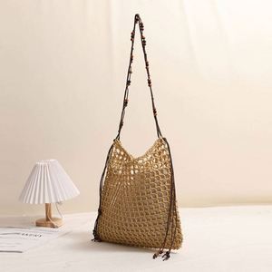 2025 Summer New Arrival Fashion Woven Straw Bag Wooden Bead <b>Square</b> Shoulder Hollow Design Beach Bag - Product Image 4