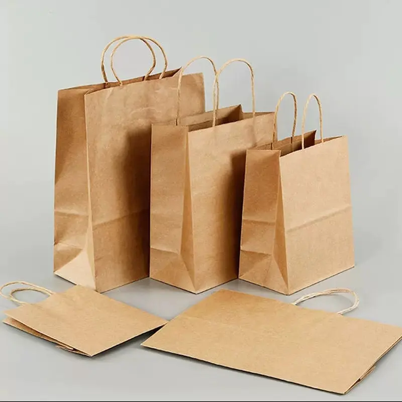 Impresión personalizada de fábrica, venta al por menor de comestibles, embalaje de alimentos para llevar, bolsas de papel Kraft marrón con su propio logotipo