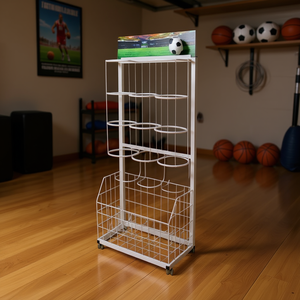 Ball Display <b>Rack</b> 186cm White Metal <b>Wire</b> <b>Shelf</b> With Wheels For Sports Equipment Storage - Product Image 3