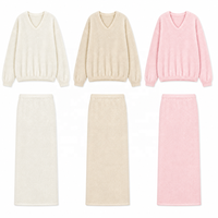 Ensemble pull tricoté deux pièces col en V oversize et jupe longue côtelée pour femme, automne-hiver, vente en gros ODM