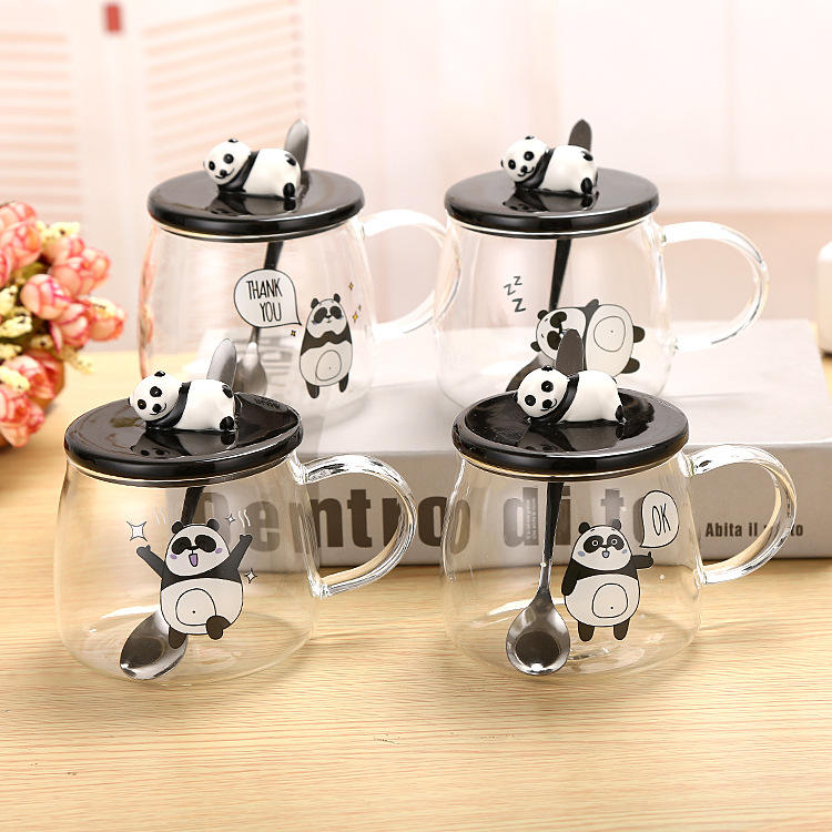 2025 New Design Glass Water Bottles Panda Water Cups Glass Milk Bottles with Lids Juice Glass Mugs with Spoons