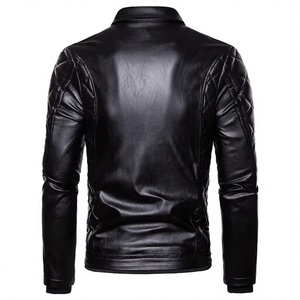 Blouson moto homme slim fit en cuir PU, col rabattable, fermeture éclair, noir uni, longueur standard, pour l'automne - Product Image 4
