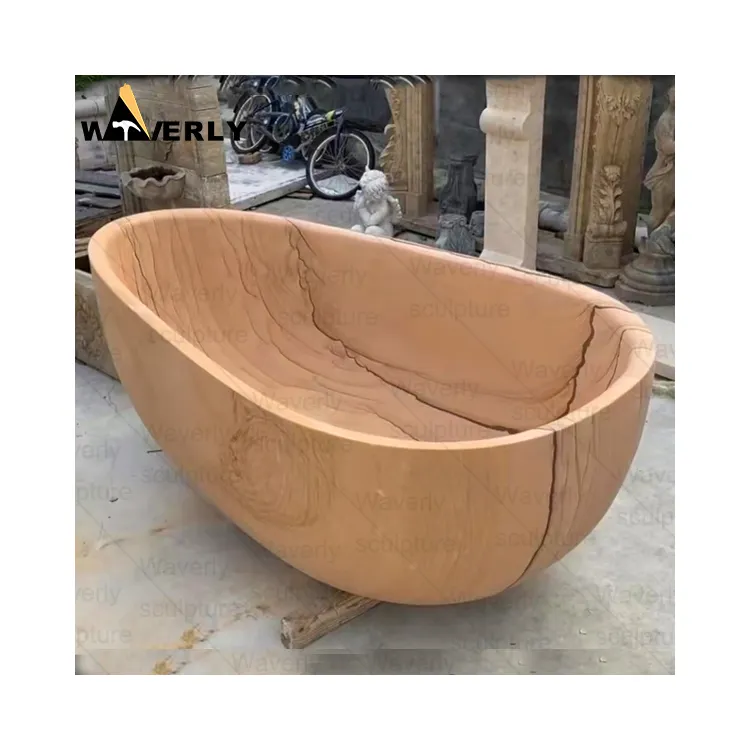 Bak mandi marmer urat kayu Modern di bak mandi kamar mandi bentuk Oval untuk bak mandi dewasa berdiri bebas harga bak mandi batu alam