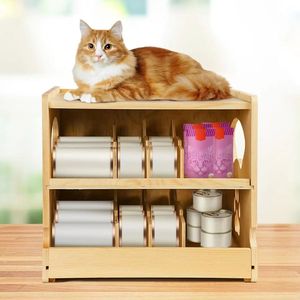 Wooden double-layer pet <b>storage</b> <b>rack</b>, stackable tabletop can <b>rack</b>, solid wood <b>kitchen</b> <b>storage</b> for cats and other pets. - Product Image 1