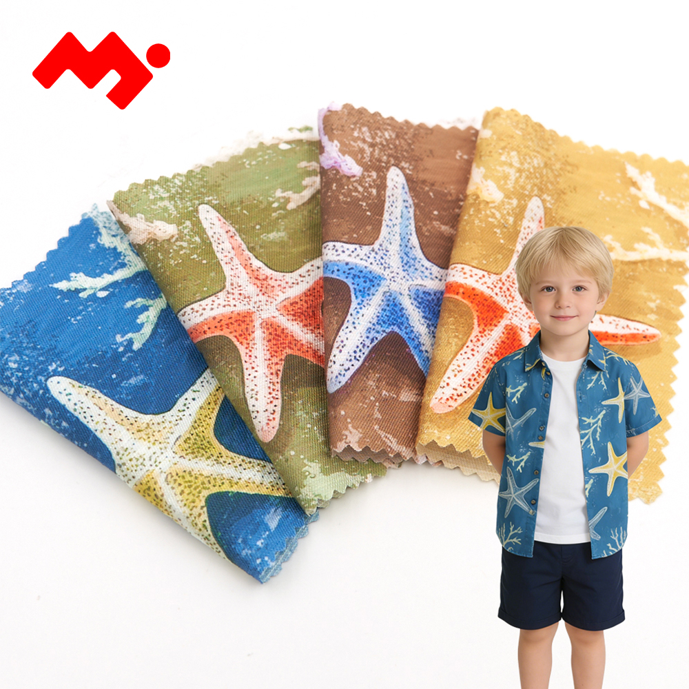 China Textile Hawaii Printed Twill Slub Viscose Fabric with Starfish Ocean Pattern for Vacation Garment