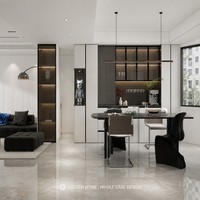 GoldenHome Minimalistische Hochwertige Maßgefertigte Esszimmerbar |   Inseltheke |   LED-Weinpräsentationsregal |   Marmor-Küchenrückwand |   Schwarze Hocker |