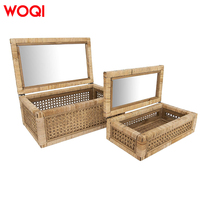 Panier de rangement moderne WOQI en osier, panier à linge en jonc de mer, plateau tressé en rotin avec couvercle en verre transparent, boîte en rotin naturel