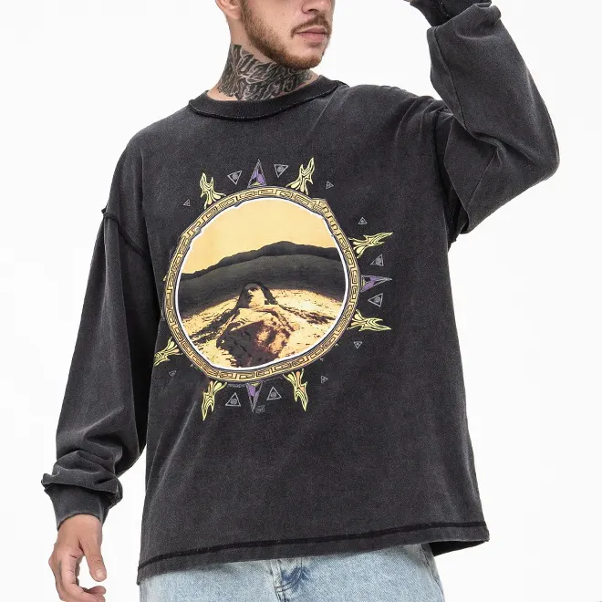 custom hip hop wash distressed sweat long sleeve men black t shirt with printing