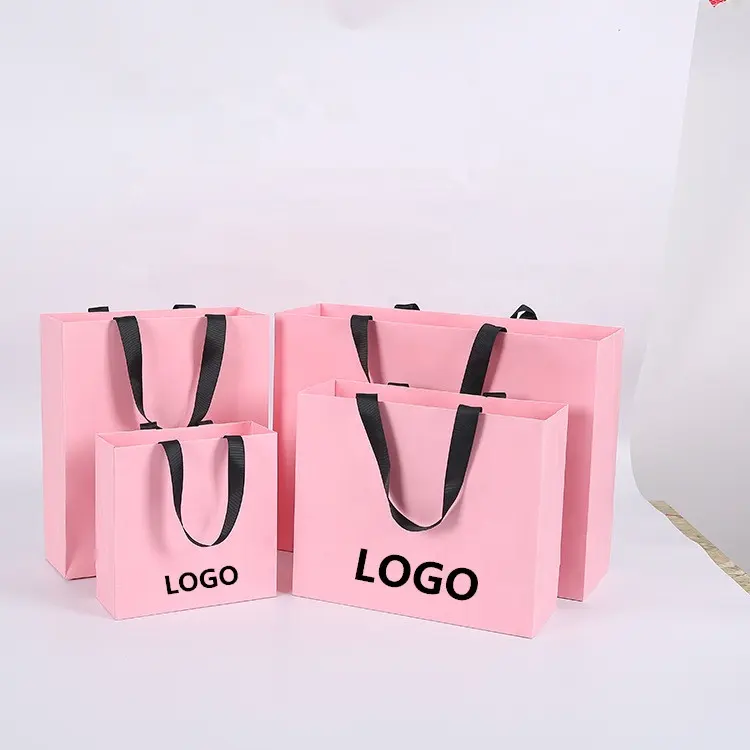 사용자 정의 로고 인쇄 매트 마무리 핑크 종이 쇼핑 가방 로그 랭 리본 핸들