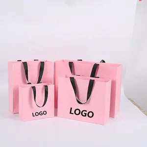 Logo personalizzato Stampato Finitura Opaca Rosa Shopping Bag di Carta Con Ansa a Nastro Del Grosgrain