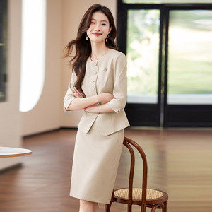 Pink Two-Piece Suit Set Women Three-Quarter Sleeves Summer 2025 Workwear Breathable Polyester A7706 - Product Image 3