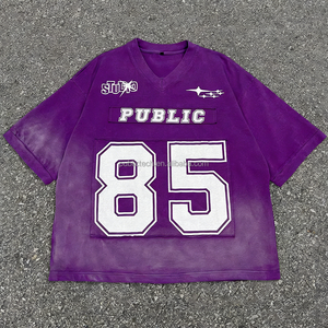 T-shirts de football OEM de qualité supérieure, personnalisés, coupe carrée, effet soleil, délavés, avec patch appliqué, en coton vintage, pour hommes, délavés à l'acide - Product Image 1