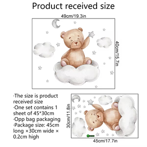 Adesivi Murali in PVC con Luna Cartoon e Orso Dormiente, Decorazioni con Nuvole e Stelle per Camerette e Asili, Arte Murale Rimovibile Fai-da-Te - Product Image 3