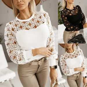 Elegante Mode Holle Kanten Overhemden Dameskleding 2024 Herfst Winter Nieuw Kantoor Dames V-Hals Lantaarnmouw Witte Blouses