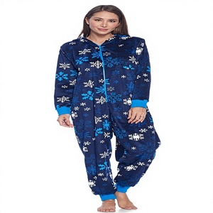 Womens 100 Percent Polyester Minkfleece Snowflake Pattern Hooded One Piece <strong>Pajama</strong> Union Jumpsuit - Product Image 1